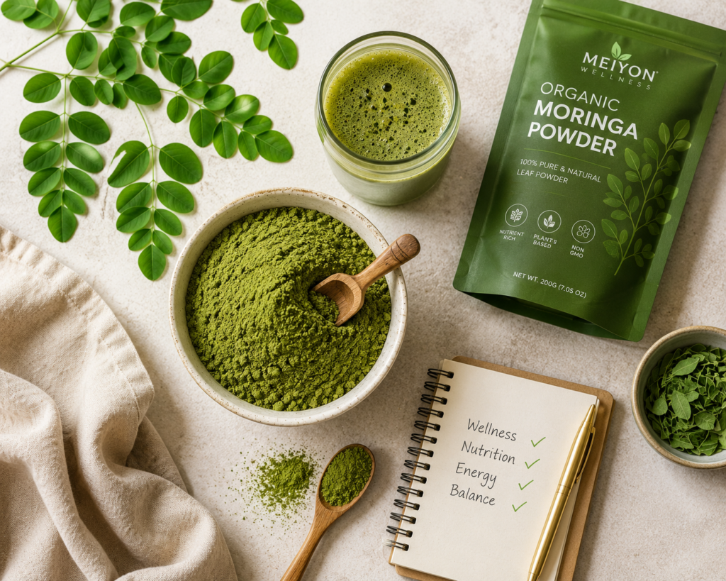 Organic moringa powder with fresh moringa leaves, healthy smoothie, and Meiyon Wellness packaging.