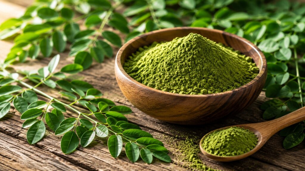 Organic moringa powder in a wooden bowl surrounded by fresh moringa leaves.