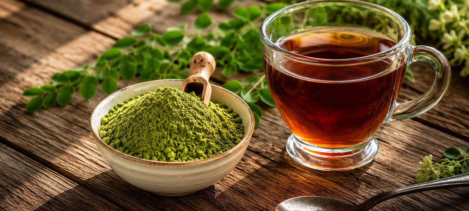 Organic moringa powder in a bowl with a cup of moringa tea and fresh moringa leaves.