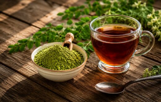 Organic moringa powder in a bowl with a cup of moringa tea and fresh moringa leaves.