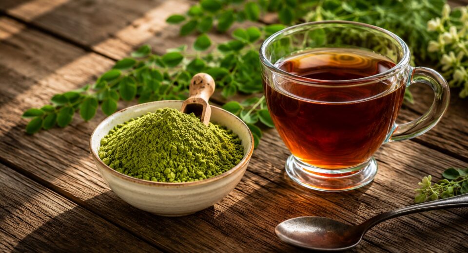 Organic moringa powder in a bowl with a cup of moringa tea and fresh moringa leaves.